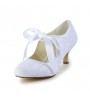 Women's Shoes Satin Upper Middle Spool Heel Closed Toe Spool Heel Pumps With Ribbon Tie Wedding Bridal Shoes  