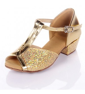 Non Customizable Women's/Kids' Dance Shoes Latin/Ballroom Leatherette Chunky Heel Silver/Gold  