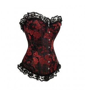 Black and Red Floral Satin Gothic Lolita Corset with Lace  