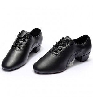 Customizable Men's Dance Shoes Dance Sneakers Leather Flat Heel Black  