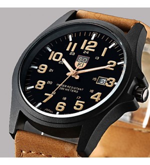 Fashion Leisure Men‘s Watch Calendar Leather Black Brown Band Wrist Watch Cool Watch Unique Watch  