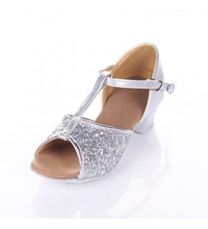 Non Customizable Women's/Kids' Dance Shoes Latin / Ballroom Sparkling Glitter Chunky Heel 3.5cm Heel Height Silver/Gold  