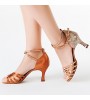 Non Customizable Women's Dance Shoes Latin/Salsa Satin Flared Heel Brown  